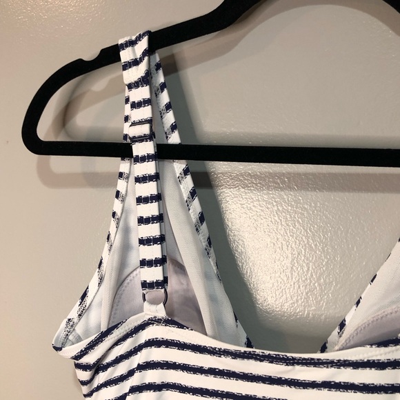 Nip Tick Swim Navy and White Striped Swimsuit Double Layered Belly Scrunch Tie - Picture 10 of 13
